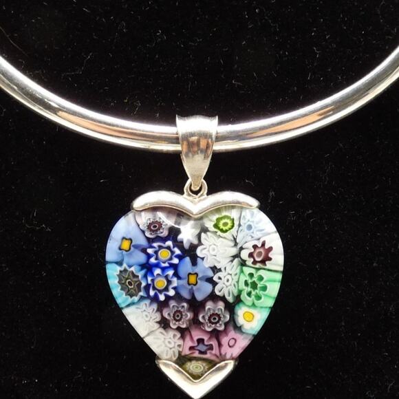 Vintage 925 Millefiori Heart Pendant Necklace Sterling Italy Glass Alan K Signed - Picture 14 of 15